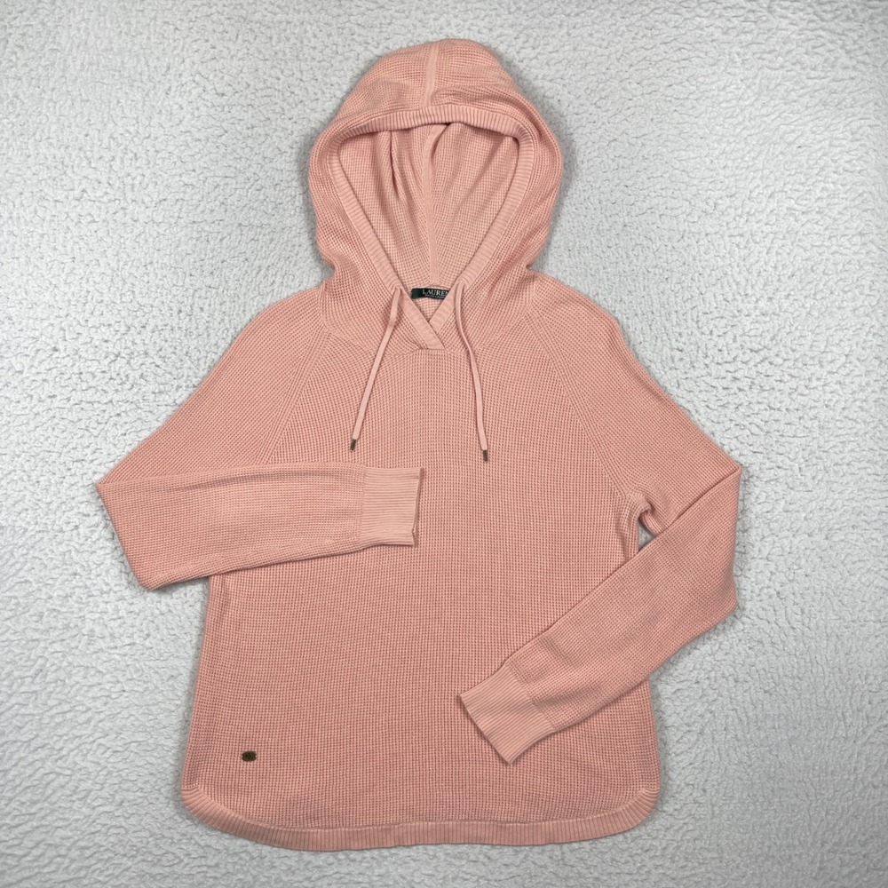 Lauren Ralph Lauren Hoodie Womens M Pink Waffle Knit Pullover Preppy Casual